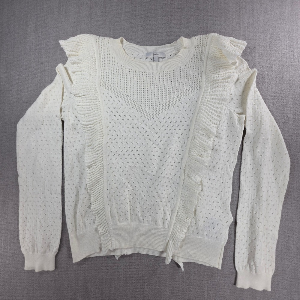 Joie Ruffle Pointelle Knit Sweater Women Size S White Cotton Cashmere Blend